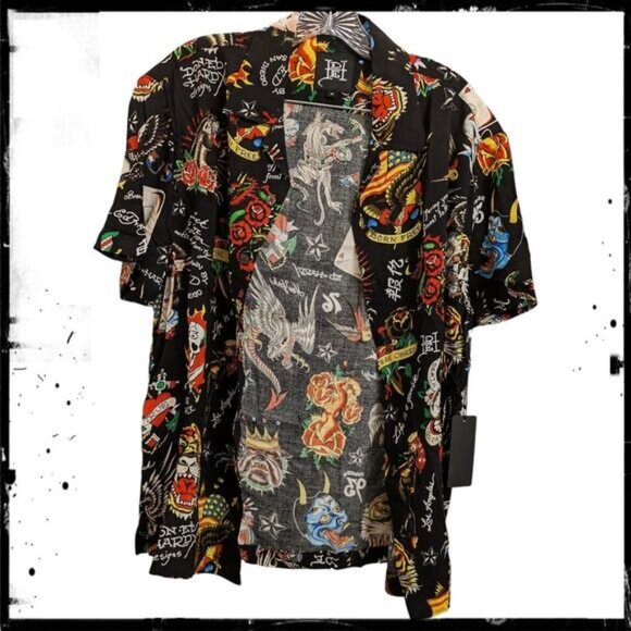 New ED HARDY AOP Black Flashboard Camp Button Up Shirt Skull Lion Tattoo Men M - Picture 4 of 9